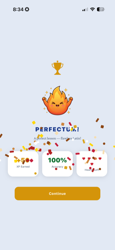 Perfectum! completion screen with confetti and XP